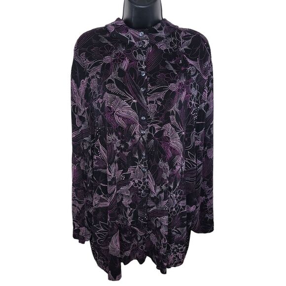 Viki Vi floral slinky knit long sleeve button up blouse top 2x - Picture 1 of 7